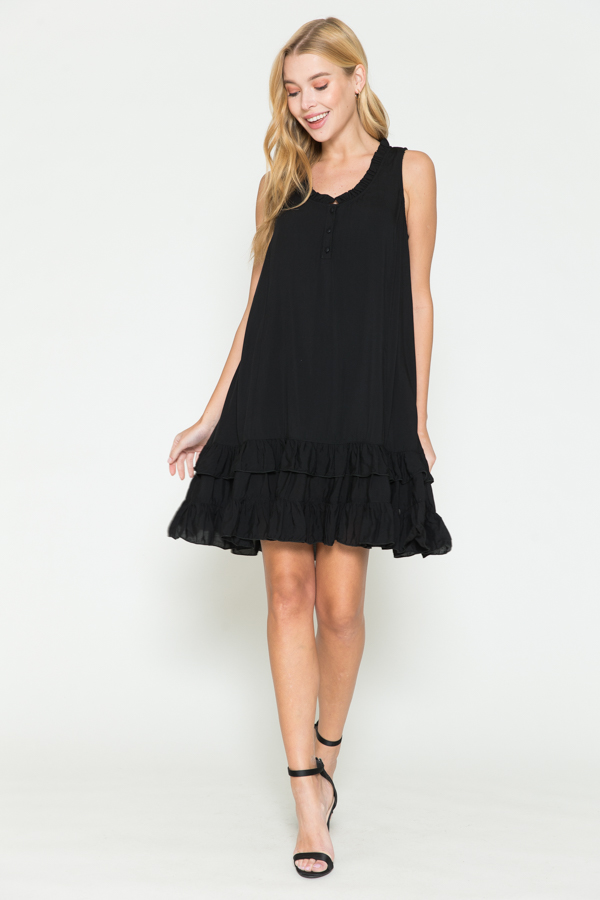 Ruffle Print Sleeveless short dress - Black